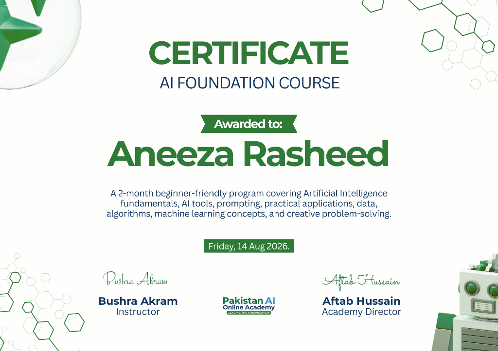 Certificate earned by Aneeza Rasheed
