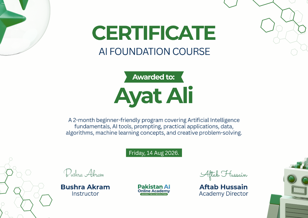 Certificate earned by Ayat Ali